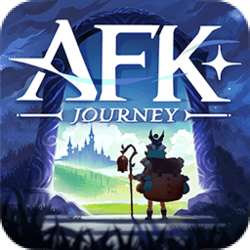 모서리가 둥근 정사각형 아이콘이다. AFK-JOURNEY-라는 게임 타이틀이 흰 글씨로 절반을 차지하고 있다. 배경은 어둑한 숲에 무늬가 새겨진 아치형 문이 서 있고, 문 안에는 초록빛 초원이 펼쳐져 있다. 낮은 언덕 두 개 너머에 실루엣만 보이는 성이 있다. 문 앞에는 로완이라는 게임 캐릭터의 등이 보인다. 로완은 화면 쪽에 가까이 서 있어서 문 안으로 들어가기 일보 직전이다.